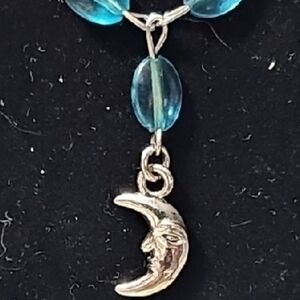 Twisted Silver Necklace with Teal Beads and Moon Charm